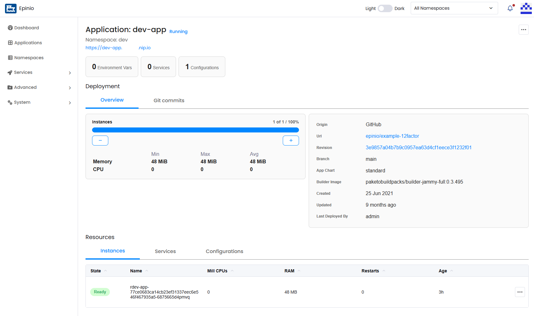 View of the Application Details screen